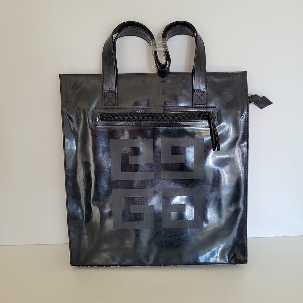 GIVENCHY PARFUMS Black Patent Faux Leather Tote Bag Zipper Top 4G‎ Logo